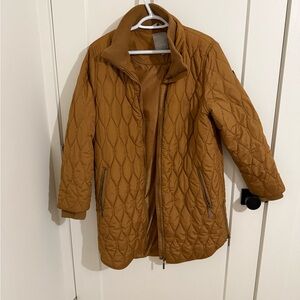 Tan Puffer Jacket with Diamond Quilting and Mid-Length Design